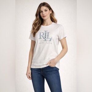 Ralph‎ Lauren T-Shirt Women's Medium Cream Floral Logo Short Sleeve Top
